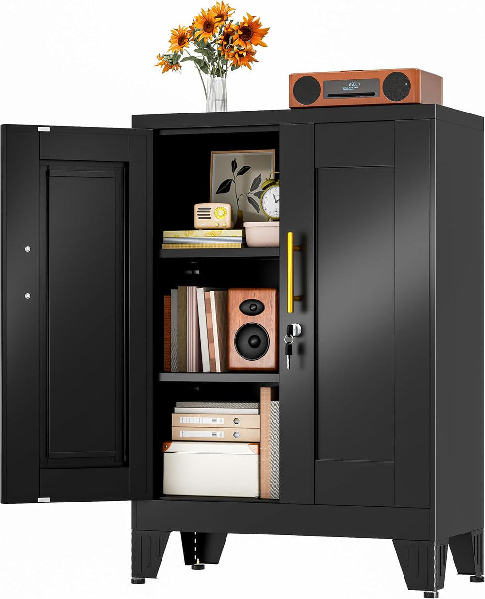 Black Metal Storage Cabinet, 36" Tall Locking Storage Cabinet