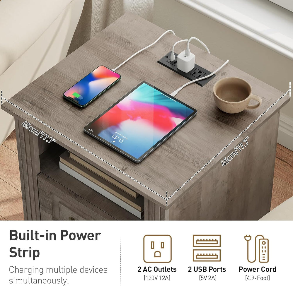 RALGEND Farmhouse Nightstand with Charging Station, Night Stand with 2 Drawer...
