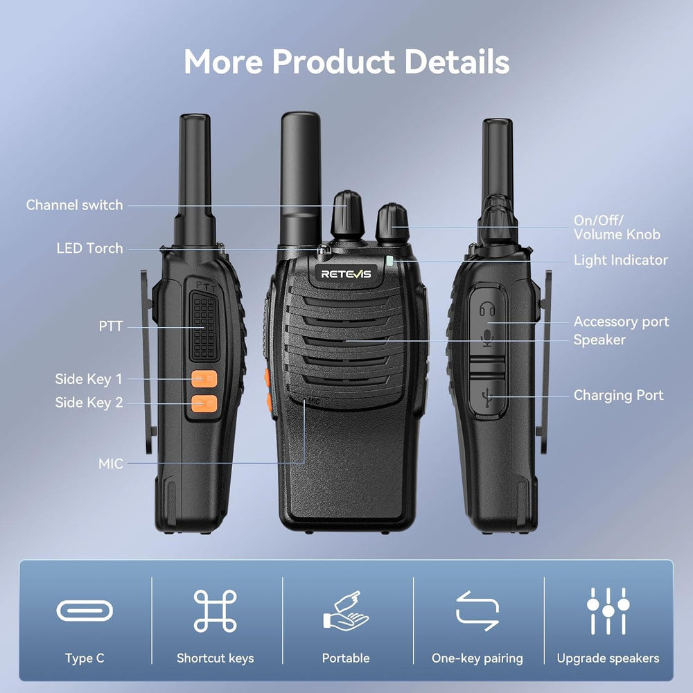Retevis H777 Walkie Talkies for Adults with Clear Audio, Flashlight USB C