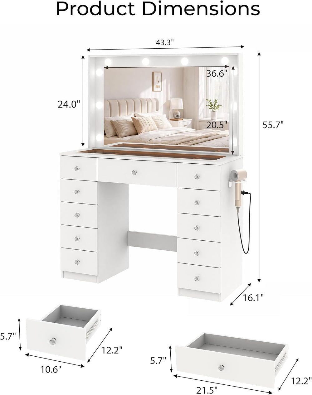 Otterease White Makeup Vanity with Mirror and Lights,11 Drawers & Glass T...