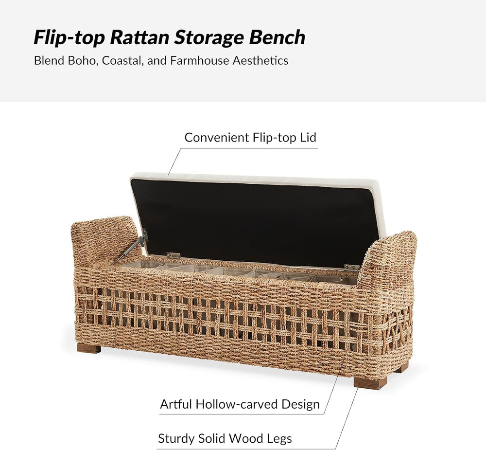 HULALA HOME 56" Rattan Storage Bench, Boho Wicker End of Bed Bench, Natu...