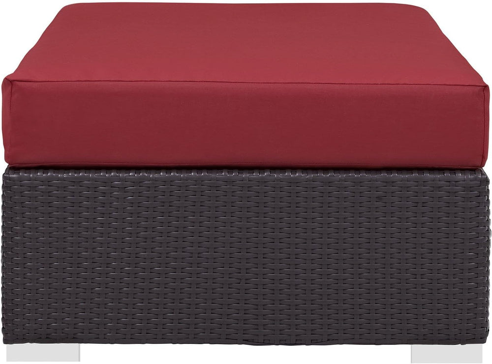 BOWERY HILL Rectangle Fabric Rattan Patio Ottoman, Espresso Finish with Red C...