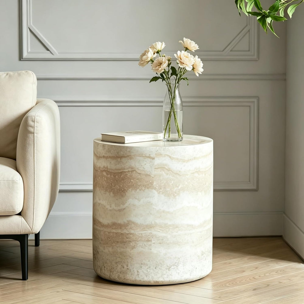 Marble-Effect Cylindrical Side Table Lightweight Fiberglass & Resin Accen...