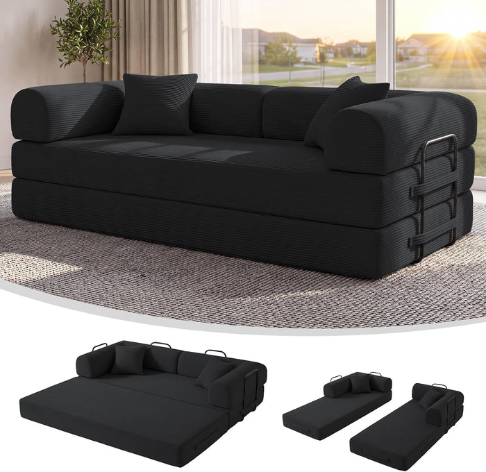 79" Sofa Bed,Convertible Futon Sofa Bed, Couch for Living Room | 6-In-1 Convertible Sofa Bed,Corduroy Futon Sleeper Sofa,Modular Pull Out Couches for Bedroom,Lounge,No Assembly Black Couch