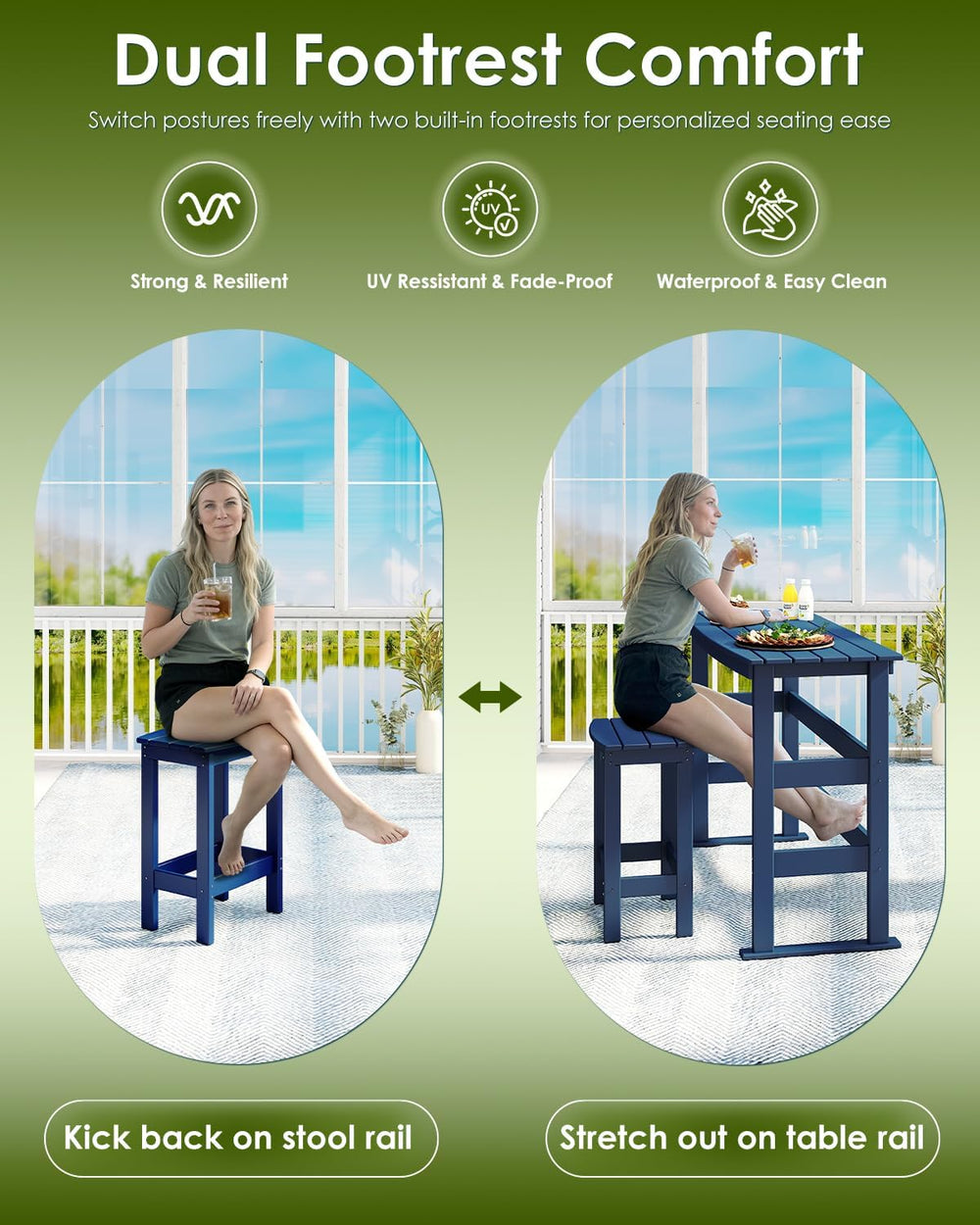 GREENVINES Outdoor Bar Set, HDPE, 3-Piece Patio Bar Table & Stools, Blue