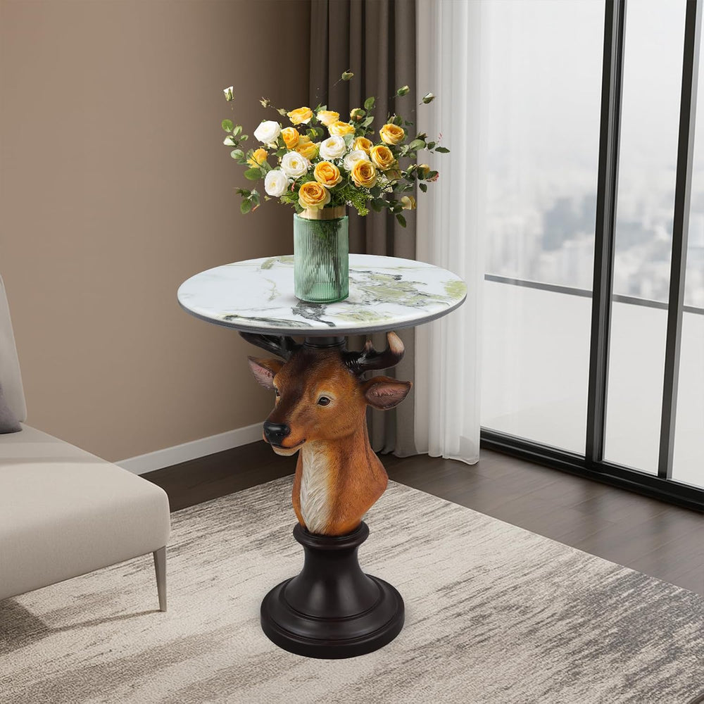 Deer Head Accent Table with Resin Animal Statue, Round Faux Marble End Tables...