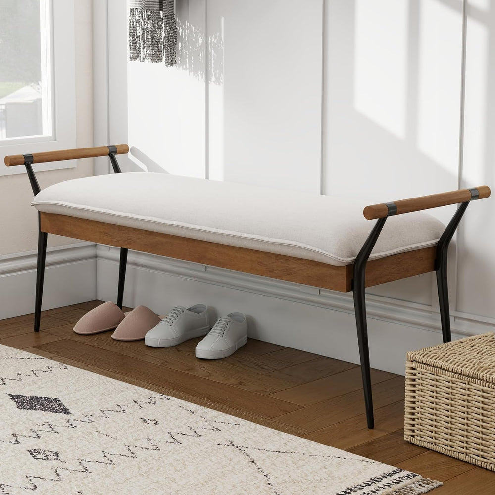 DUOMAY Modern Rectangle Ottoman Bench with Arms and Metal Legs, Mid Century C...