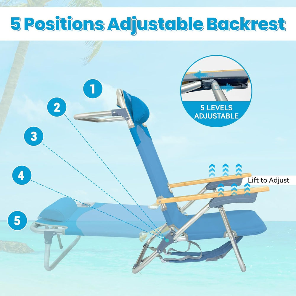2 Pack Low Backpack Beach Chair with Folding Bamboo Table for Adults, 5-Posit...