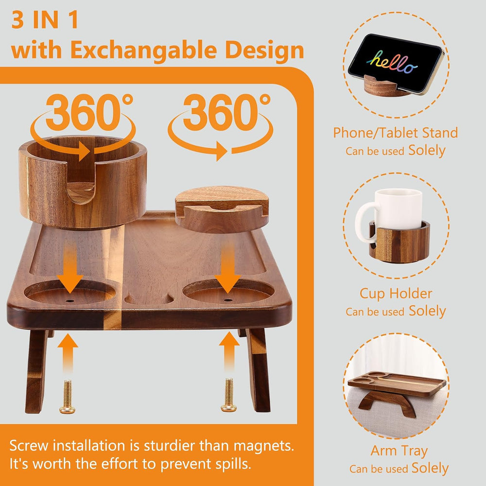 Couch Armrest Table Acacia with 360ยฐRotating Phone & Cup Holders,15.4&quo...