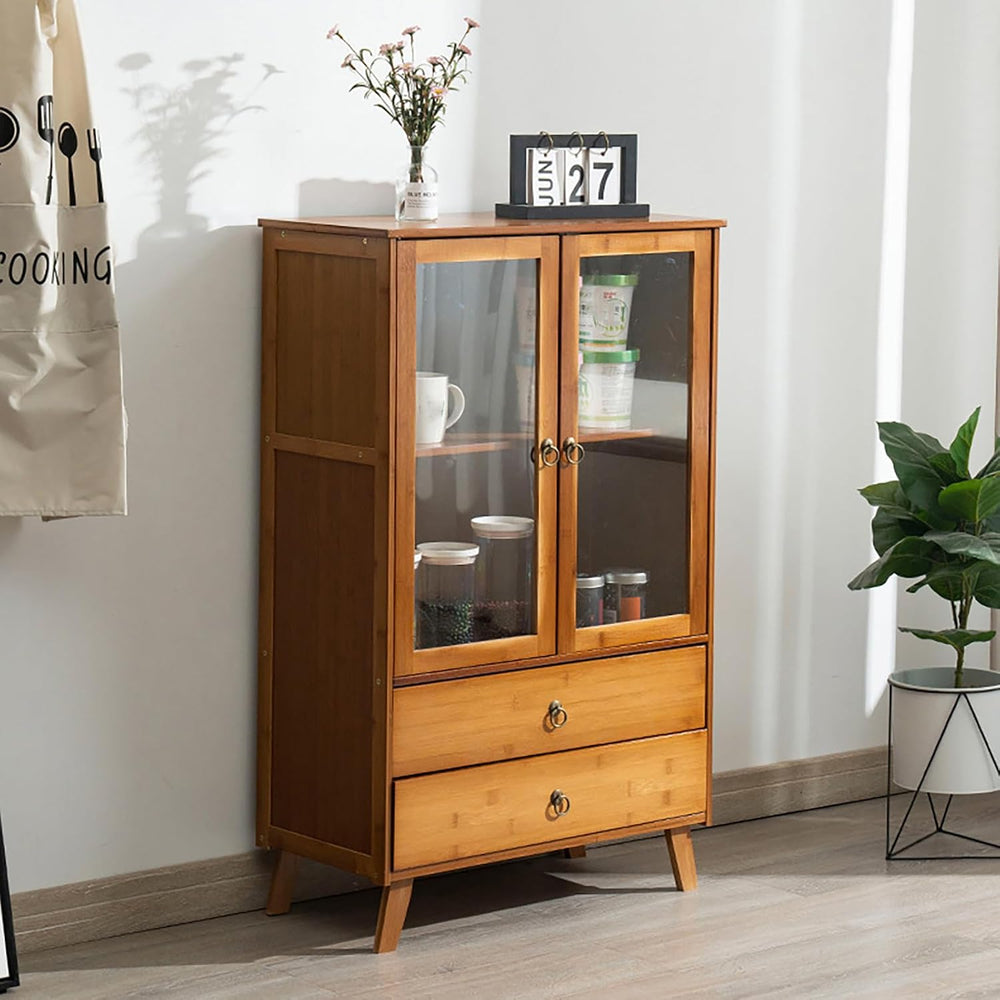 4 Tiers Bamboo Buffet Sideboard with Acrylic Doors,Floor Standing Pantry Cabi...