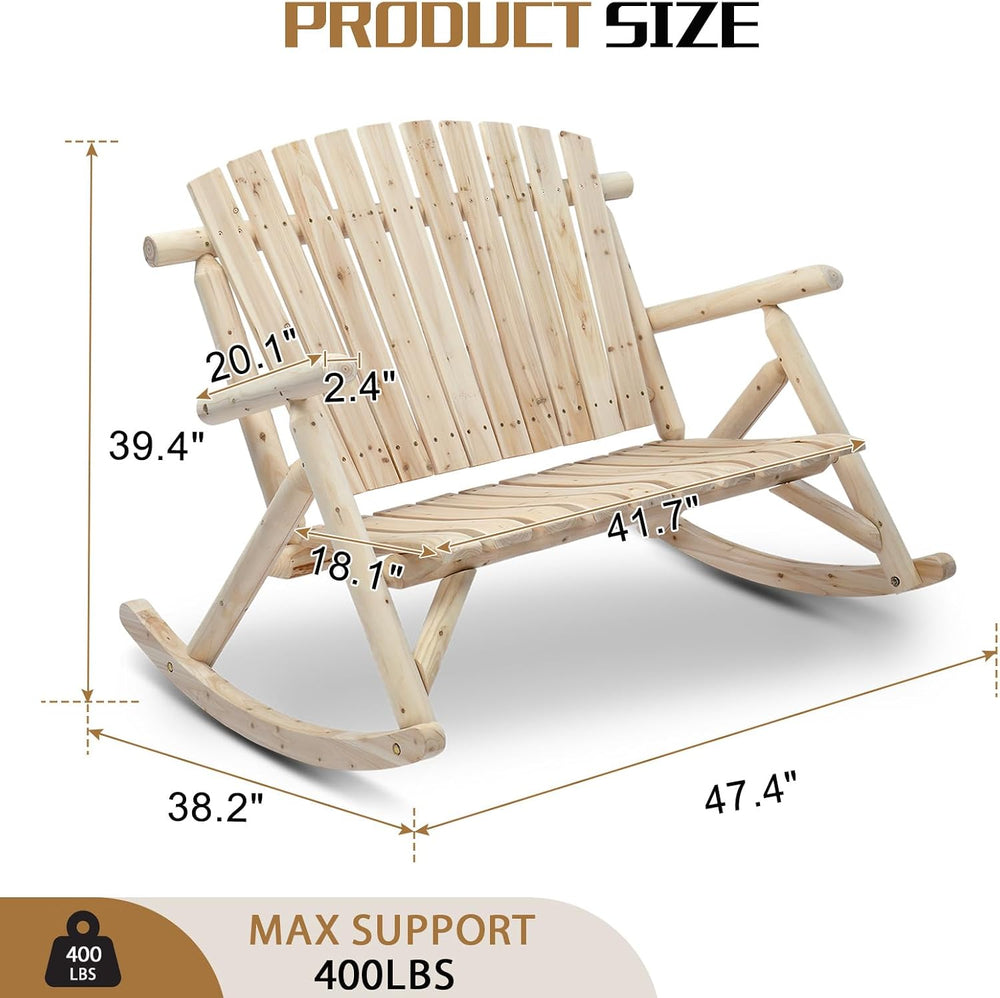 Outvita 2-Person Wood Rocking Chair, Fir Log Adirondack Rocker, Outdoor Wood ...
