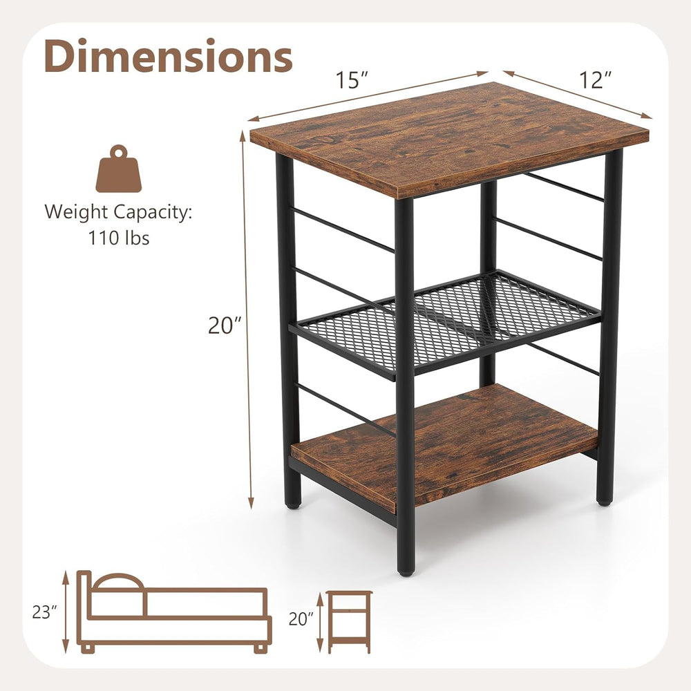 Giantex 3-Tier Side Table with Adjustable Mesh Shelf, Industrial Nightstand, ...
