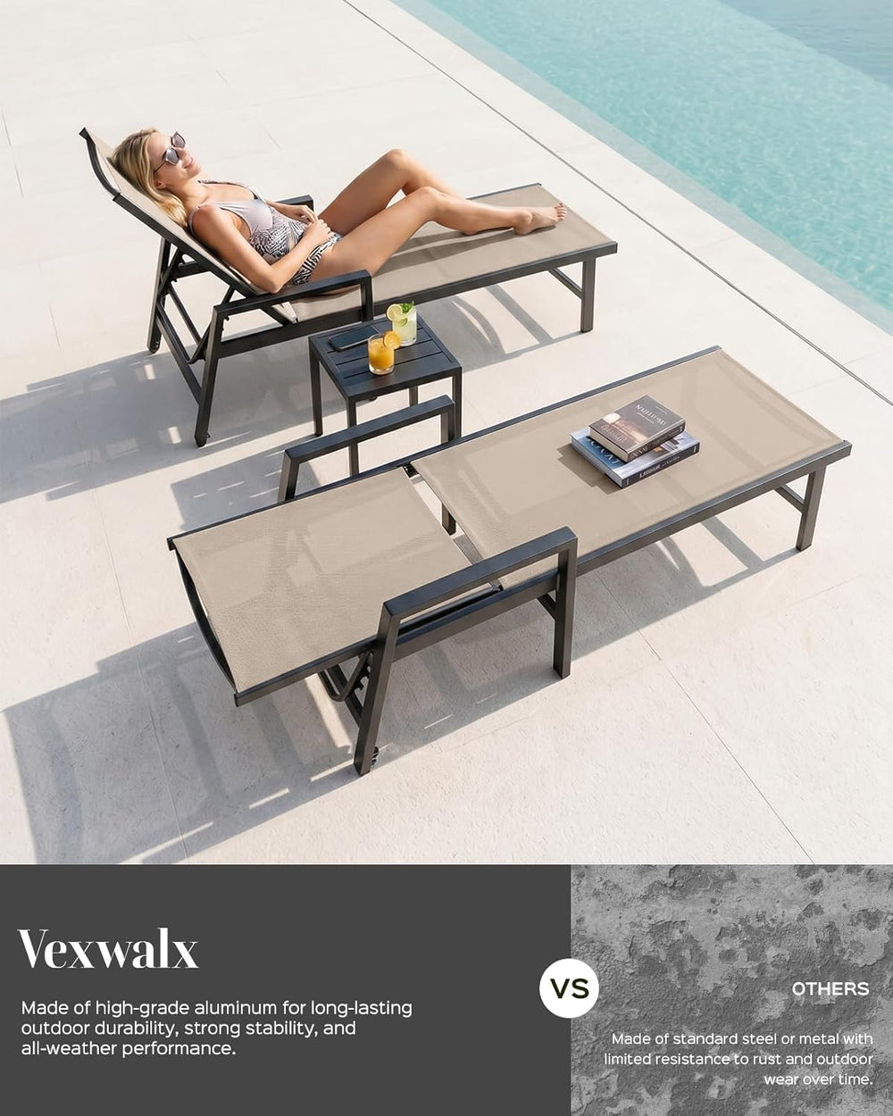Vexwalx Patio Chaise Lounge Chair Outdoor with Wheels&Armrests, Aluminum ...