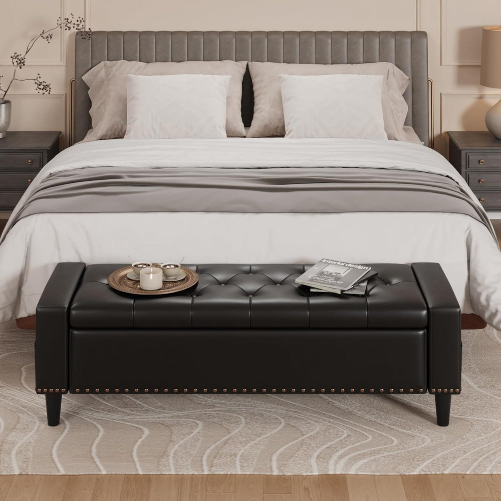 60" Storage Ottoman Bench, Faux Leather Upholstered Bed Bench, Black