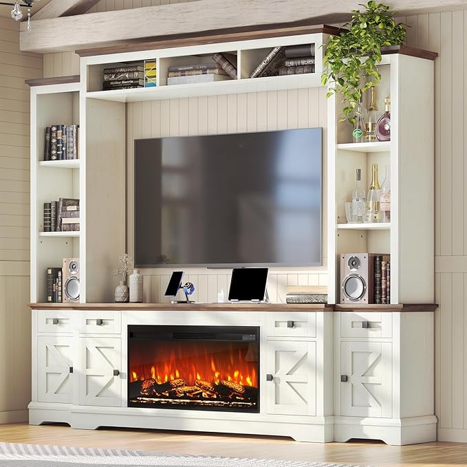 AMERLIFE 98in Farmhouse Entertainment Center with 36" Fireplace, TV Stan...