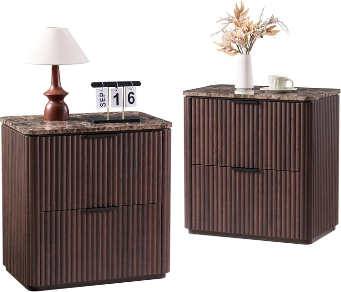 Curved Fluted Nightstand Set of 2, Faux Marble Top, Dark Oak