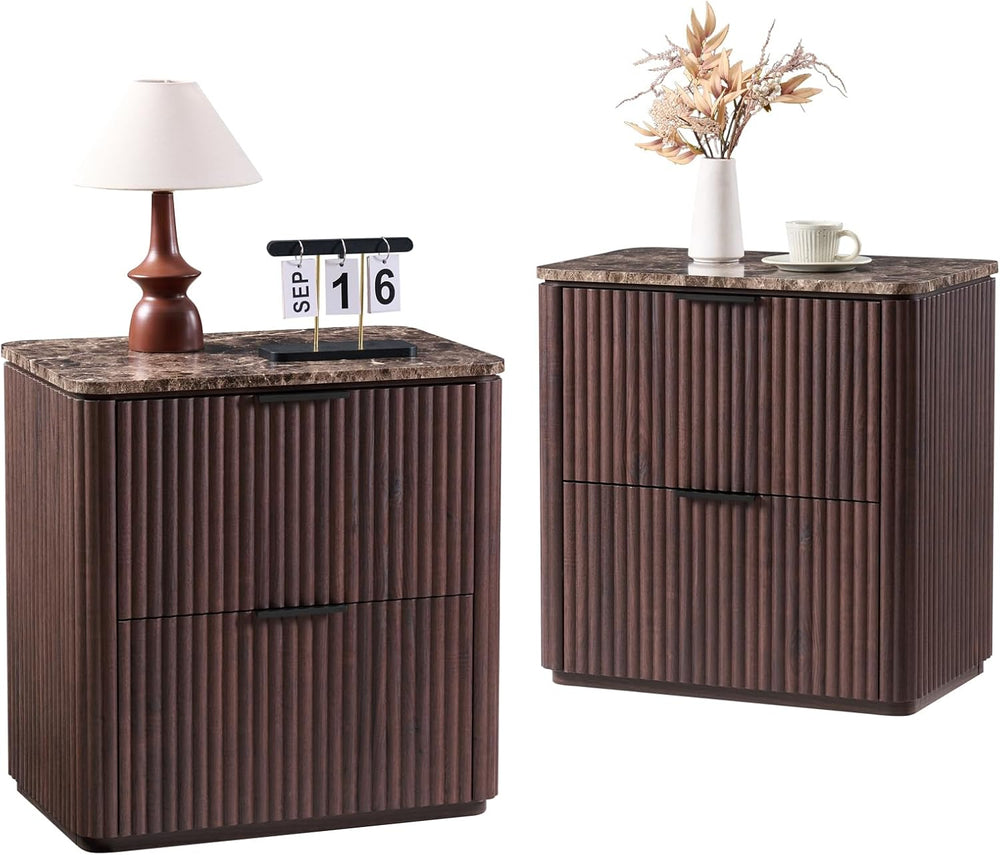Curved Fluted Nightstand Set of 2, Faux Marble Top, Dark Oak