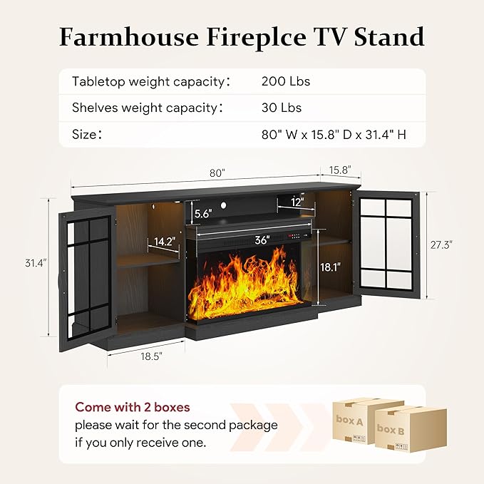 MXV 80'' Fireplace TV Stand, Farmhouse Entertainment Center with 3 Si...