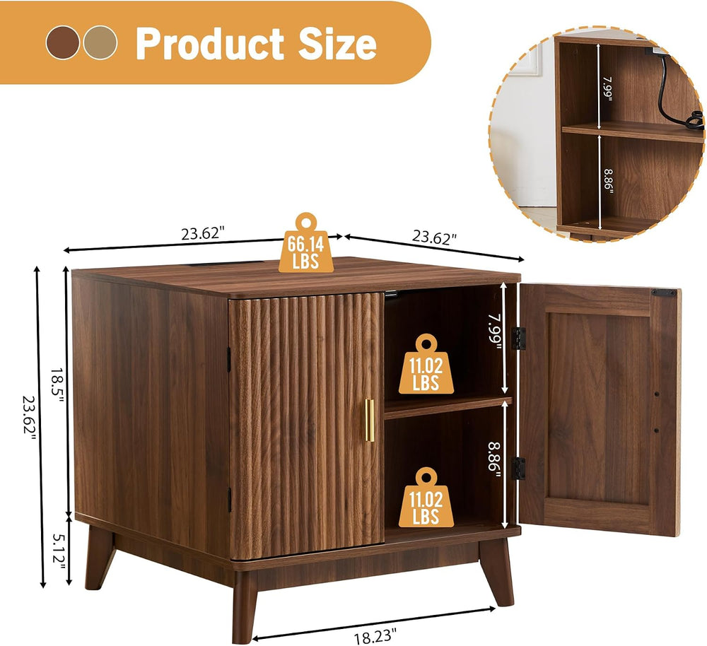 Fluted End Table with Charging Station, 2 Door Side Table with Storage, Mid C...
