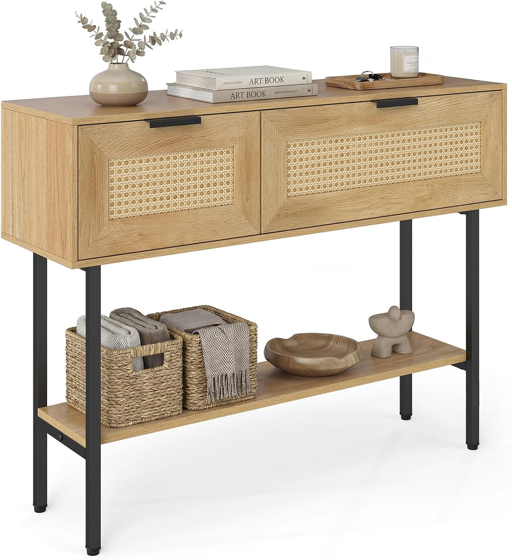 GIANTEX Rattan Console Table with Storage, 40" Long Boho Entryway Table ...