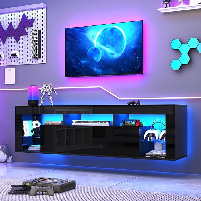 63" Floating High Gloss LED TV Stand for 75" TVs, Wall-Mounted Ente...