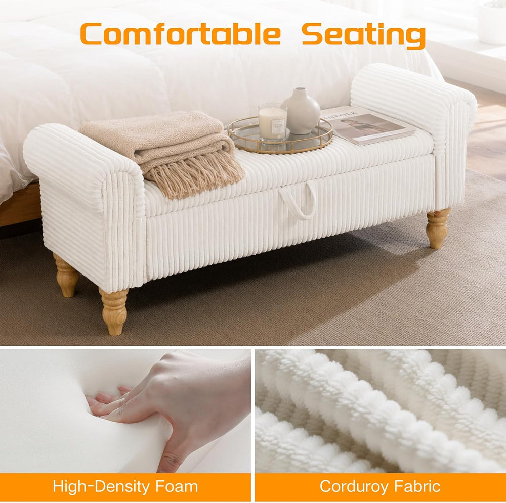 55" Storage Ottoman Bench, Corduroy End of Bed Bench for Bedroom, White ...