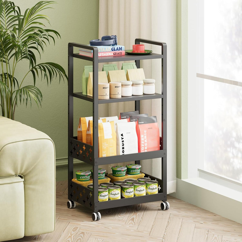 Adjustable 4 Tier Rolling Cart Metal Utility Carts with Lockable Wheels Rolli...