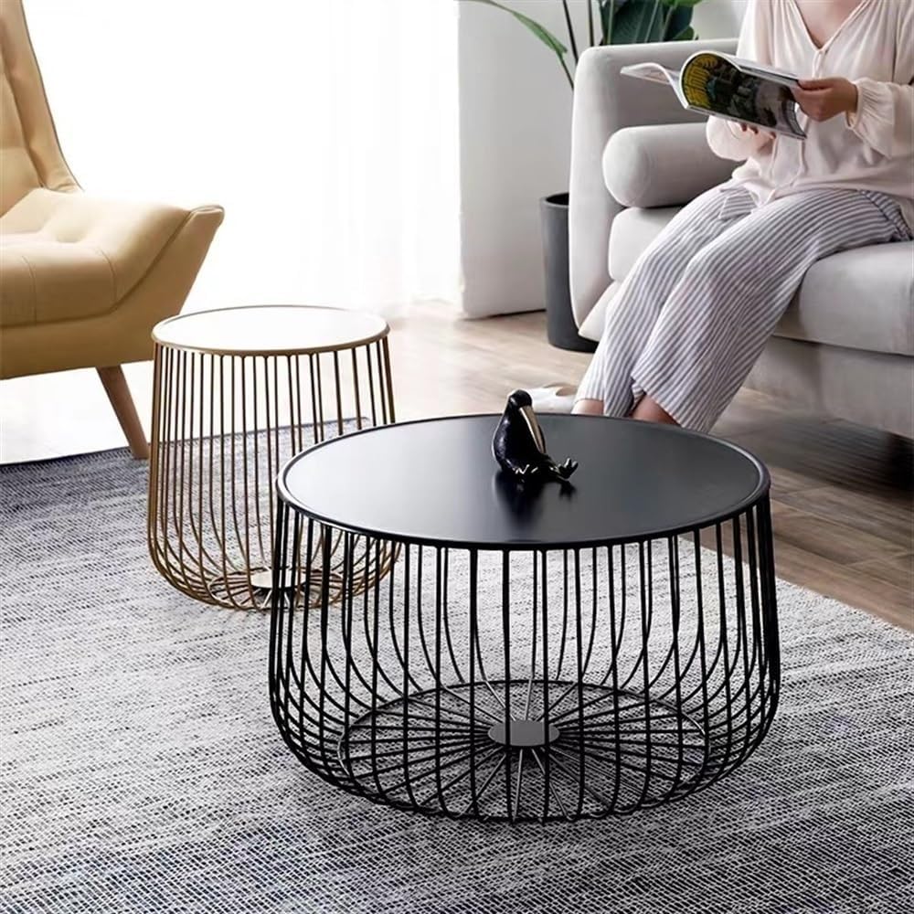 Round Side Table with Storage Shelf, Industrial Accent Furniture with Steel F...