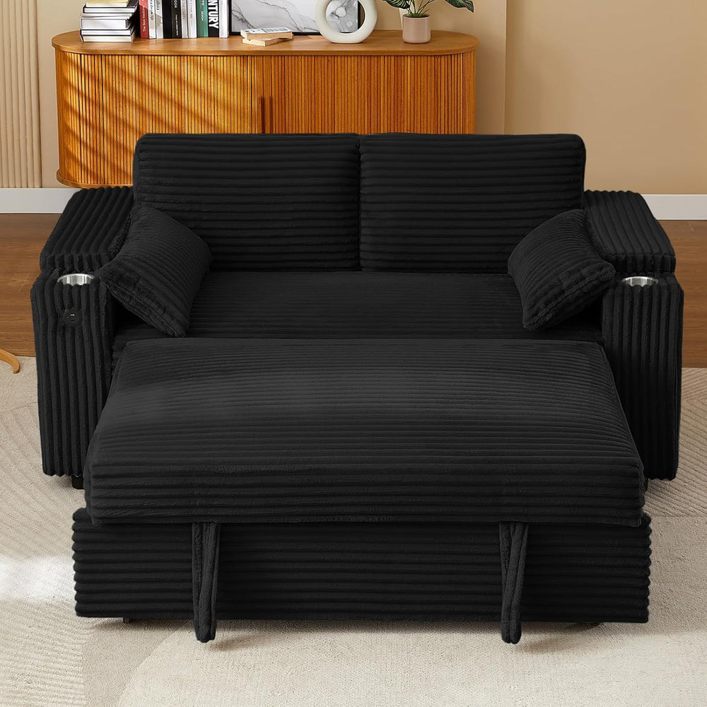 Convertible Corduroy Sofa Bed with USB Charging Port & Cup Holders, 68.11...