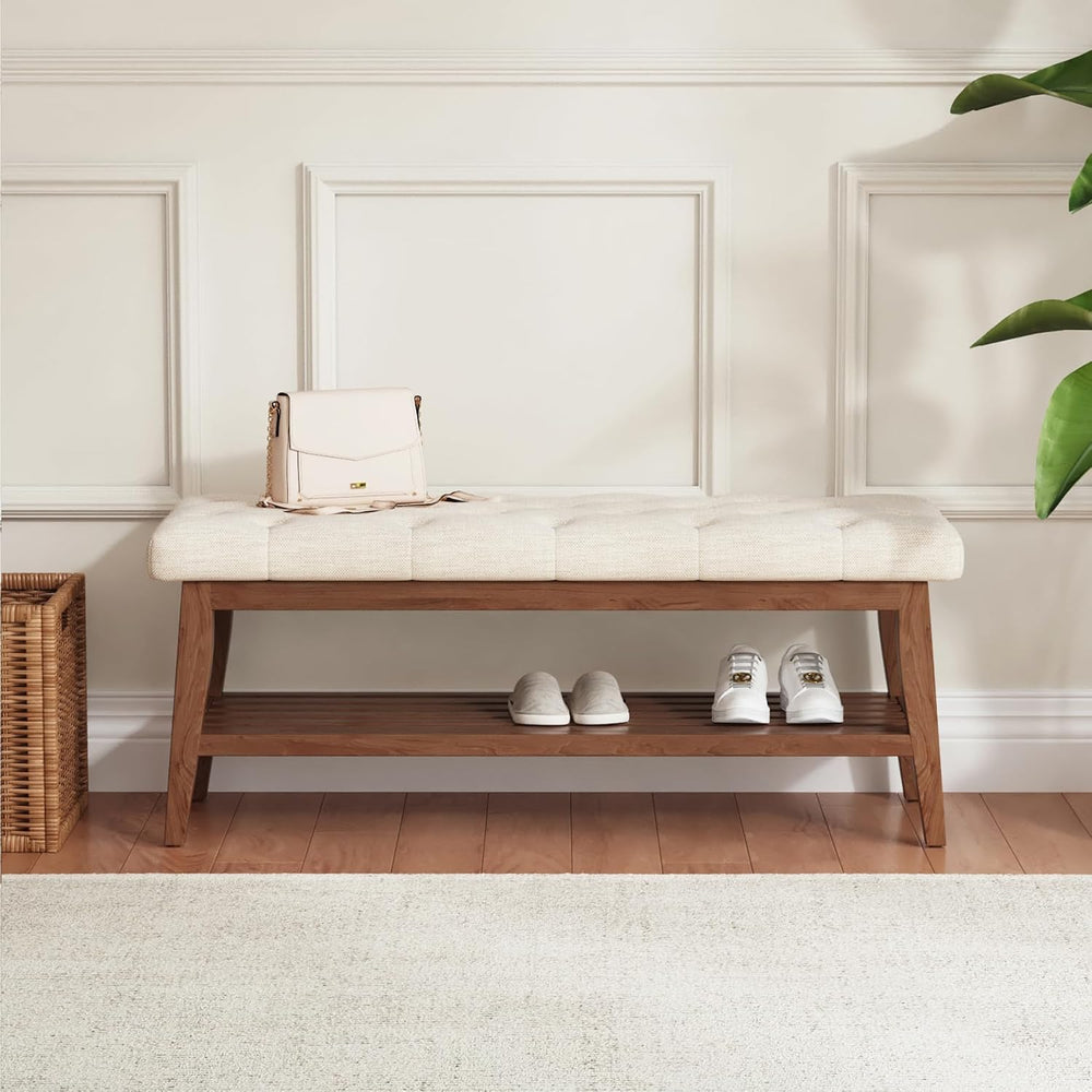 LEILISI Entryway Bench with Storage, Linen Upholstered Bench(Beige, 39.4'...