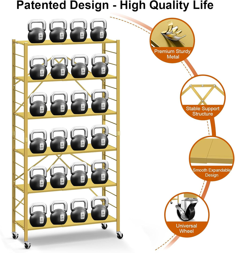 6-Tier Foldable Storage Shelves Expandable Shelf Wheels Gold 2-in-1