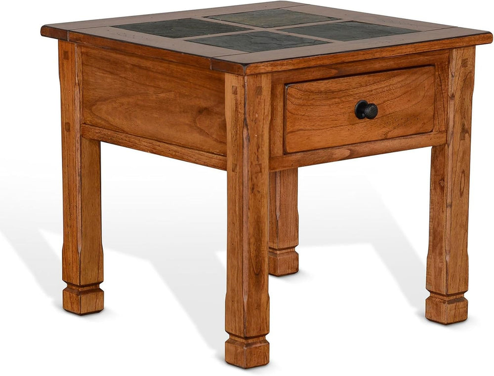 Benzara Marv Side End Table w Drawer- 26 Inch Square Slate Inlay Top- Brown