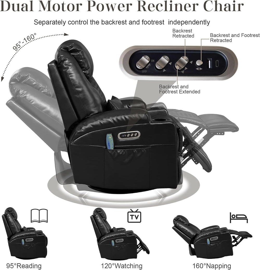 AHMED Dual Motor Power Swivel Rocker Recliner Chair, Faux Leather, Black | El...