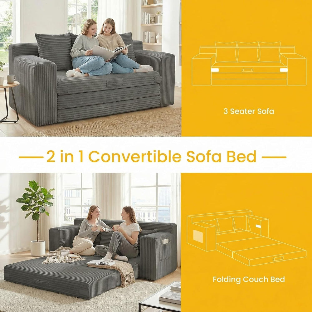 Couch,3 Seater Couch Bed – 3-in-1 Convertible Sleeper Sofa with Side Pockets ...