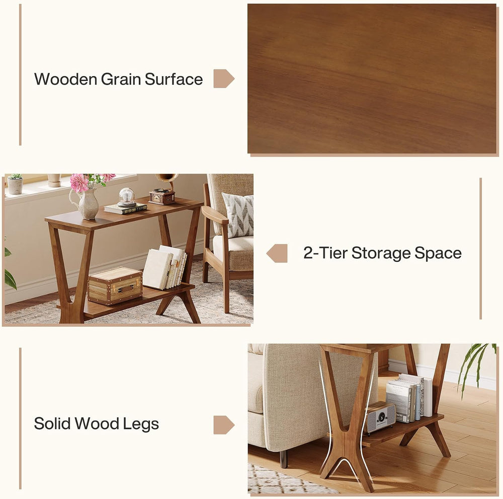 Solid Wood End Table for Living Room, 2-Tier Storage Shelves Sofa Couch Side ...