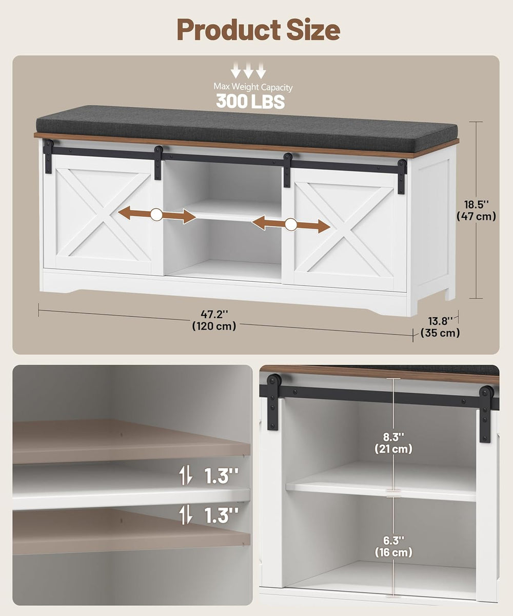 Farmhouse Storage Bench with Cushion, 47.2" Shoe Bench with Slide Barn D...
