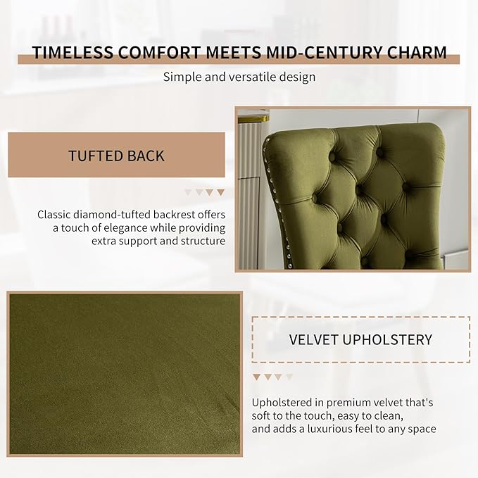 Mid Century Modern Dining Chairs Set of 8, Olive Velvet Upholstered Tufted Ba...