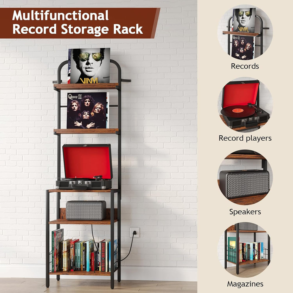 Record Player Stand with Power Outlet, Turntable Stand with 2-Tier Vinyl Reco...