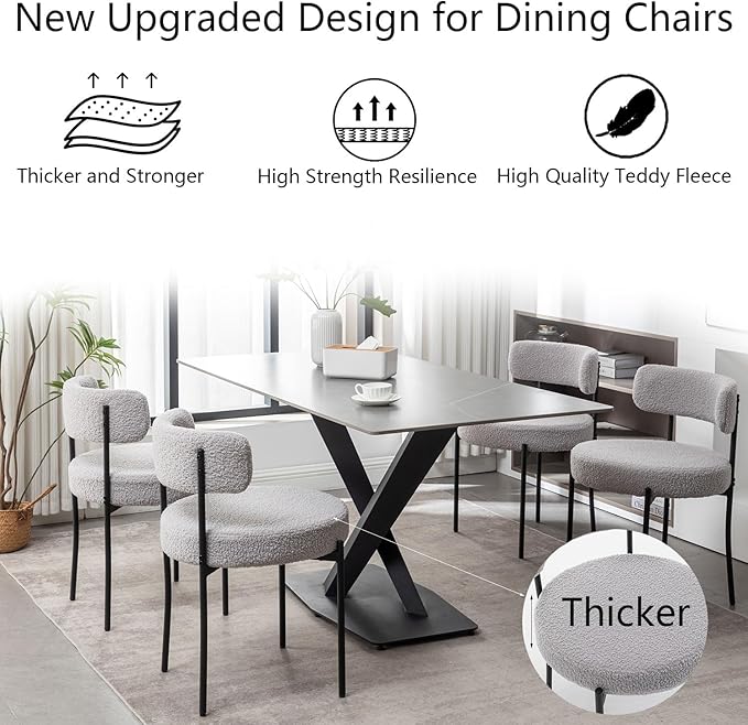 Boucle Dining Chairs Set of 2, Upholstered Dining Room Chairs with Black Meta...