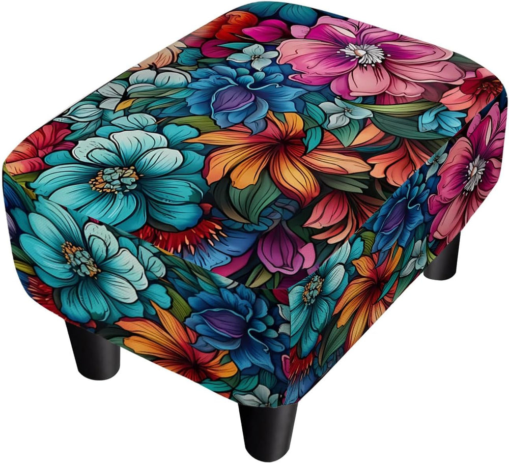 Flower Small Foot Stool Ottoman, Vintage Floral Linen Footrest for Couch | So...