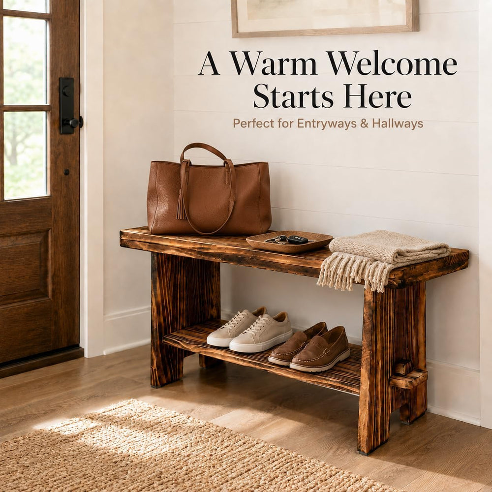 31.5" Solid Wood Entryway Bench, Farmhouse Rustic Storage Bench for Smal...