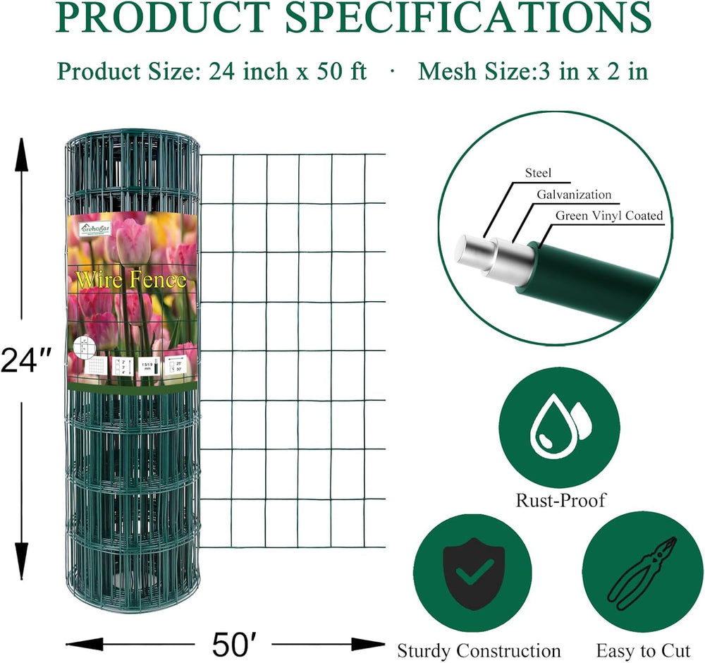 Green PVC Coated Welded Wire Fence 24" x 50' Roll, 2"x3" M...