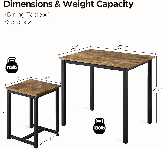 Yaheetech Industrial Dining Kitchen Table Set for 2 Breakfast Nook Table w/ 2...