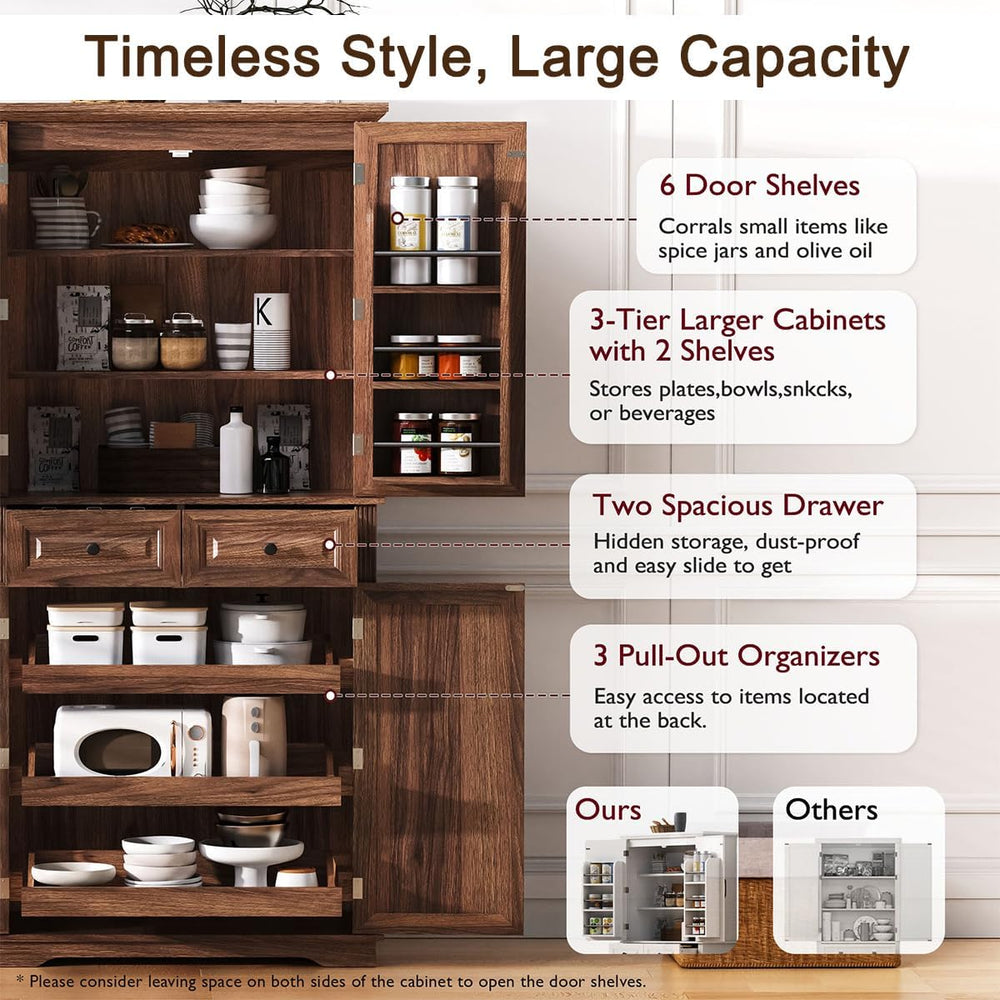 71" Tall Kitchen Pantry Cabinet, Freestanding Cupboard with 3 Pull Out C...