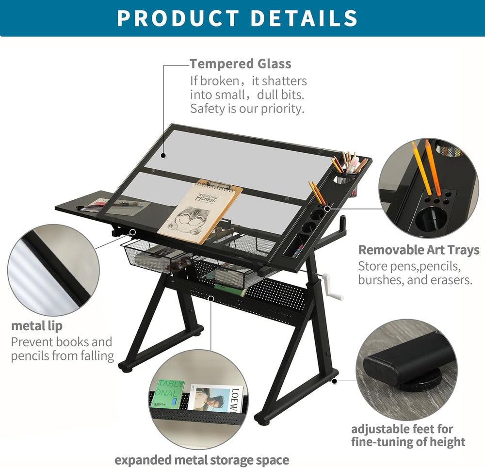 Drafting Table with Storage and Stool, Art Desk for Adults Hand Crank Adjusta...