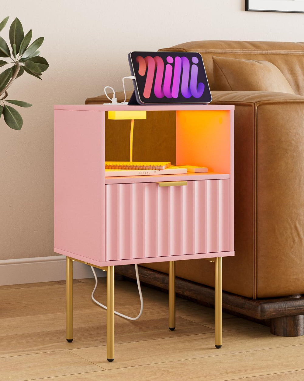 Nightstand with Charging Station and LED Lights, Modern Pink Bedside Table wi...