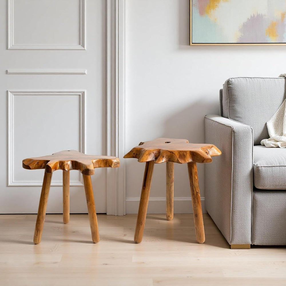 Natural Teak Wood Live Edge Side Table with Wood Legs – Rustic Side Table for...