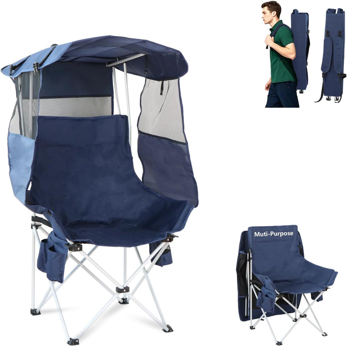 Folding Camping Chairs Canopy Outdoor: Sports Portable Beach Chair with Canopy-Lawn Beach Chairs with Umbrella for Adults-Camping Chair with Shade for Fishing Camp Heavy Duty (Regular, Navy Blue)