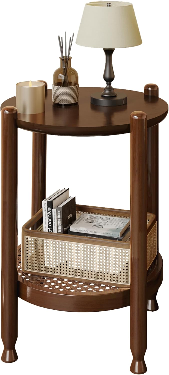 NSdirect Round End Table for Living Room, 2-Tier Rustic Wood Center Table for...