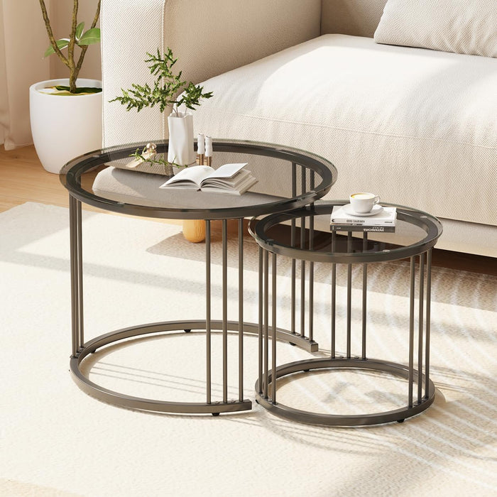 Garden 4 you Nesting Coffee Table, 23.6" Round Coffee Table Set of 2, Glass Nesting Table with Metal Frame, Ceter Tables for Living Room Bedroom Balcony, Grey